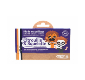 NAMAKI natural ingredient hypoallergenic face paint set with black, orange, and white colors: pumpkin and skeleton