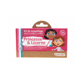 NAMAKI hypoallergenic face paint set made from natural ingredients in pink, turquoise, and white: princess and unicorn