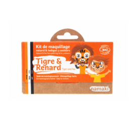 NAMAKI natural ingredient hypoallergenic face paint set with black, orange, and white colors: fox and tiger