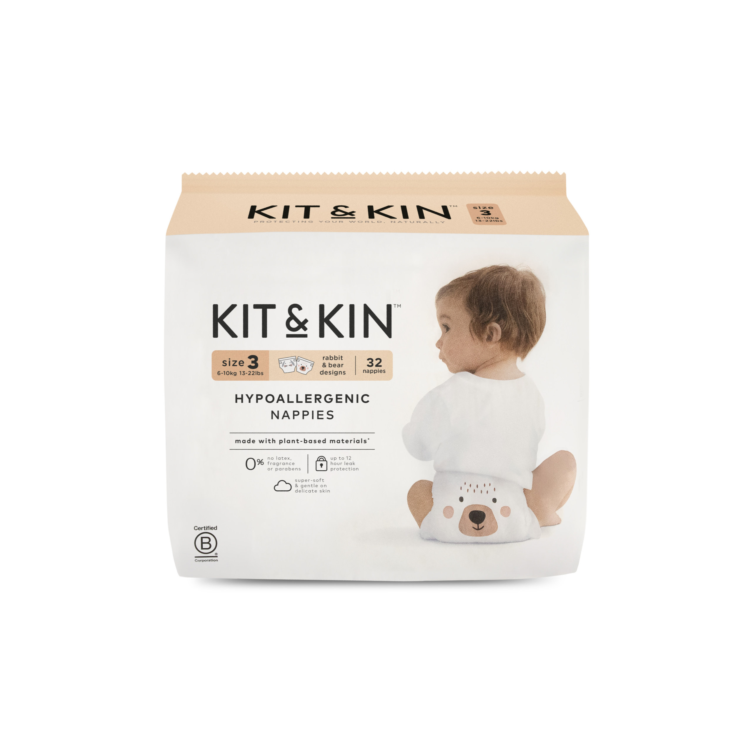 KIT and KIN hypoallergenic latex and chlorine free tape diapers with bear and rabbit design, size 3 or 6-10 kg, 32 pcs