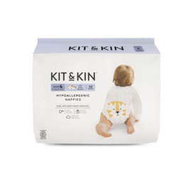 KIT and KIN hypoallergenic latex and chlorine-free tape diapers with tiger and fox design, size 4 (9-14 kg), 32 pcs