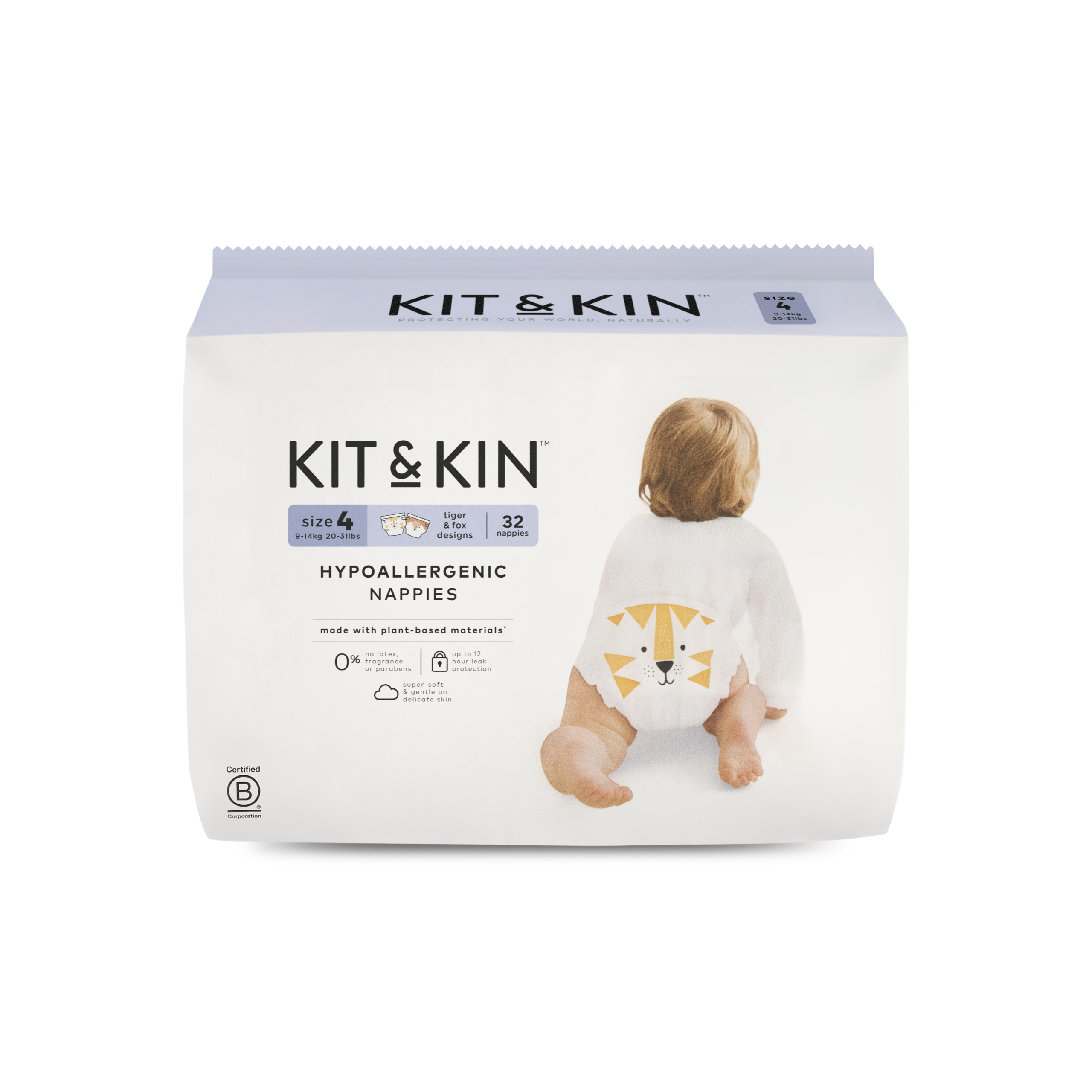KIT and KIN hypoallergenic latex and chlorine-free tape diapers with tiger and fox design, size 4 (9-14 kg), 32 pcs