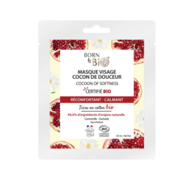 BORN TO BIO Soothing fabric face mask with organic chamomile and pomegranate extracts Cocoon of softness, 20 ml