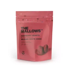 THE MALLOWS marshmallow hearts with Belgian white chocolate and raspberries, 90g
