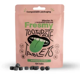 FRESMY Siberian fir and activated charcoal toothpaste tablets in paper packaging, 124 pcs