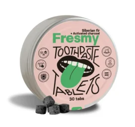 FRESMY Siberian fir and activated charcoal toothpaste tablets in an aluminum jar, 30 pcs