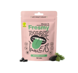 FRESMY Siberian fir and activated charcoal toothpaste tablets in paper packaging, 124 pcs