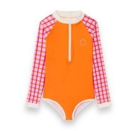 KIETLA ICONIC Swimsuit UPF 50+ sun protection fabric and UV sensor for 6-8 years old, TARTAN RED