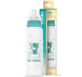 BABOO® Anti-colic borosilicate glass feeding bottle with narrow neck and medical-grade silicone teat, 3+ months, 240 ml