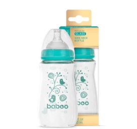 BABOO® Anti-colic borosilicate glass feeding bottle with wide neck and medical-grade silicone teat, 3+ months, 250 ml