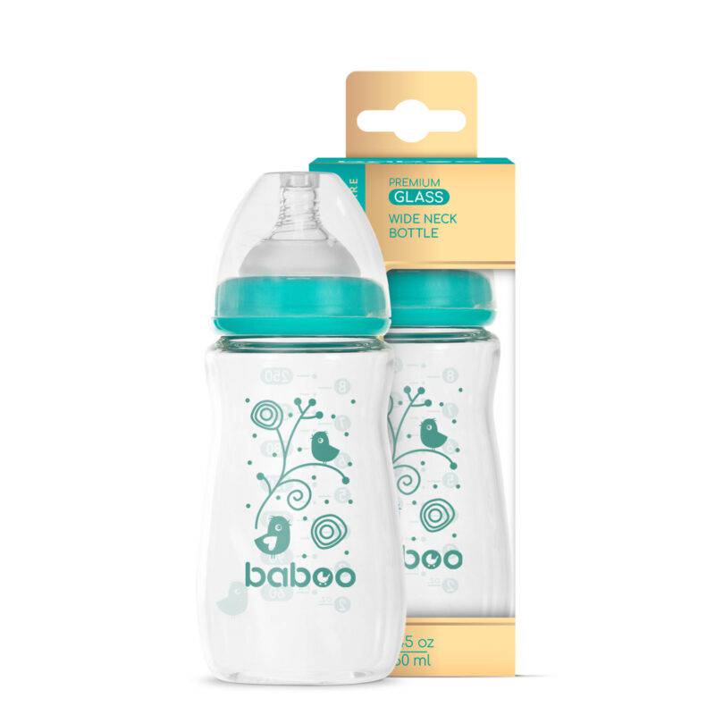 BABOO® Anti-colic borosilicate glass feeding bottle with wide neck and medical-grade silicone teat, 3+ months, 250 ml