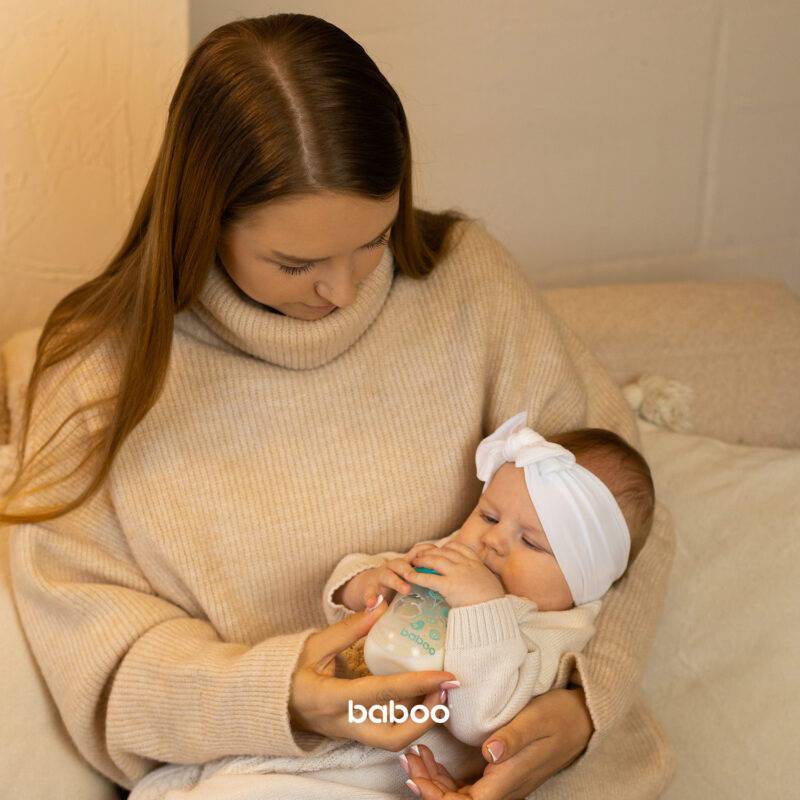BABOO® Anti-colic borosilicate glass feeding bottle with wide neck and medical-grade silicone teat, 3+ months, 250 ml - Image 2