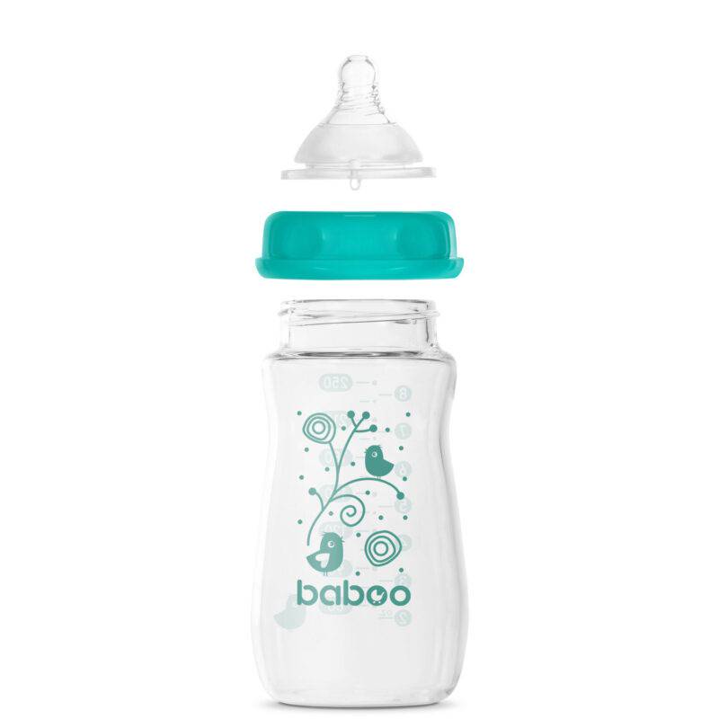 BABOO® Anti-colic borosilicate glass feeding bottle with wide neck and medical-grade silicone teat, 3+ months, 250 ml - Image 3