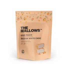 THE MALLOWS Sour Peach marshmallows coated with white Belgian chocolate, 90g