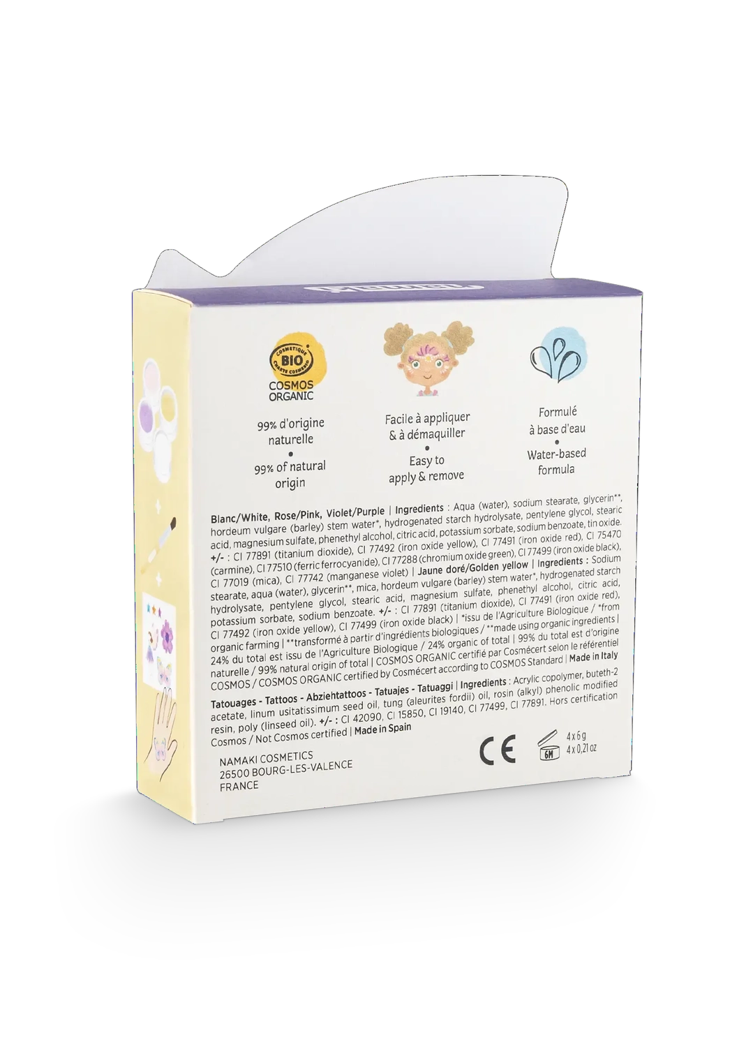 NAMAKI BIO face paint set: pink, purple, golden yellow, white, and temporary tattoos, Butterfly - Image 2